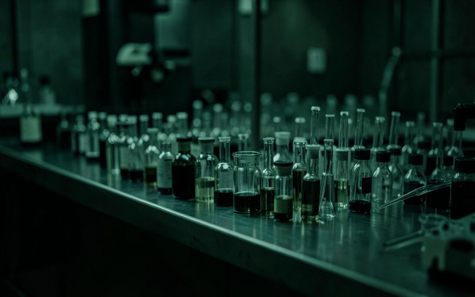 Laboratory bench lined with glass research vials